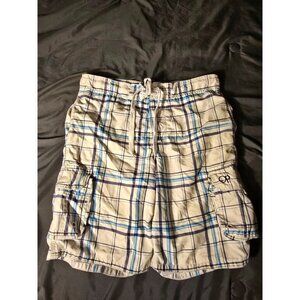 OP Mens Teens Swimsuit Swim Trunks Lined white Plaid elastic waist Small 28/30